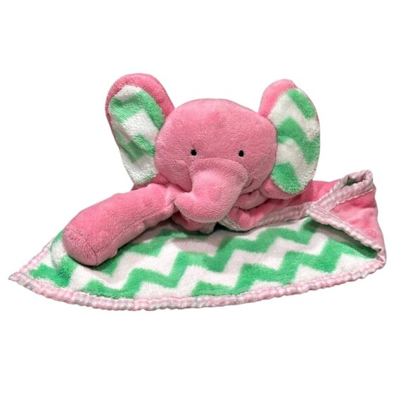 Nursery Rhyme Baby Elephant Lovey Security Blanket Pink Minky Dot Green Chevron - Picture 2 of 8